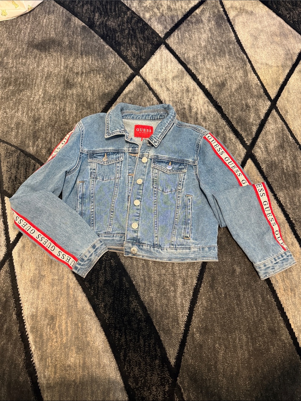 GUESS Light Blue Denim Jacket with Red Logo Tape on Sleeves